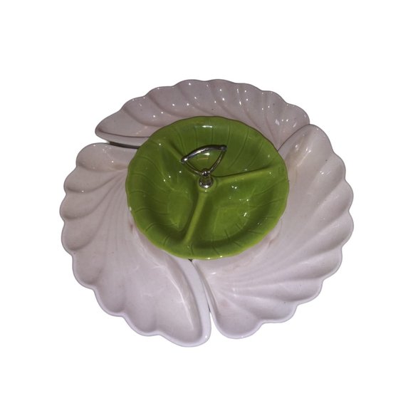 VTG Lane & Co Green Cream Ceramic Leaf Chip and Dip Lazy Susan Candy Dish 1960 - Picture 2 of 14